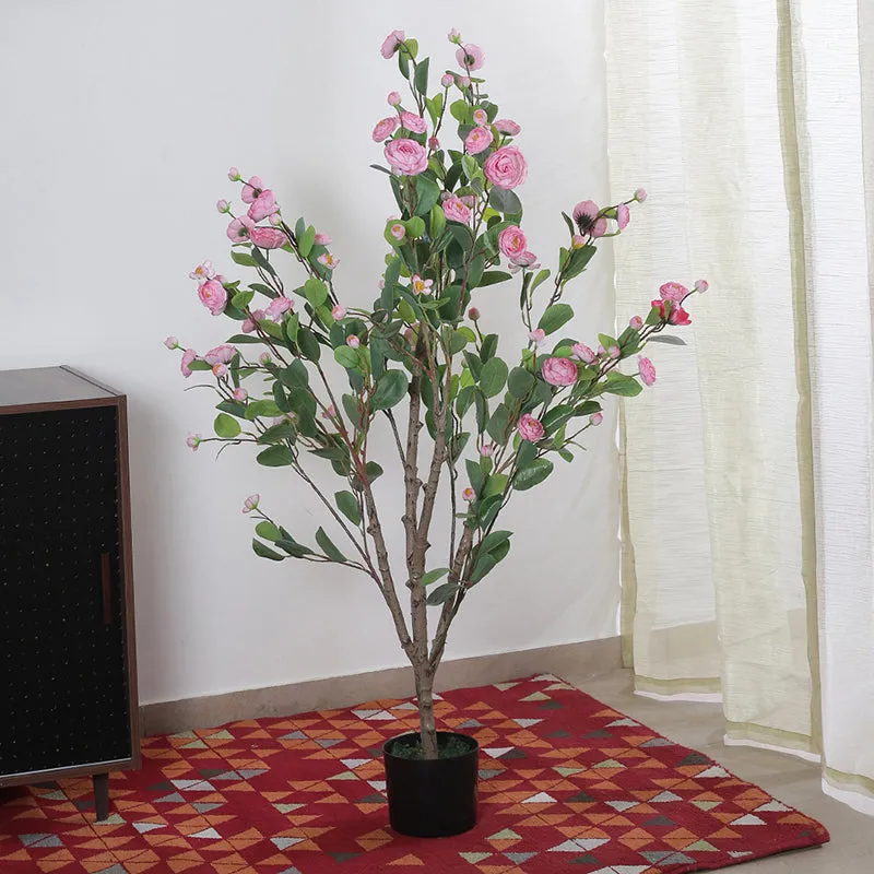 Faux Minio Camelia Rose Plant With Black Plastic Pot (3.94 ft) - Light Pink media 3