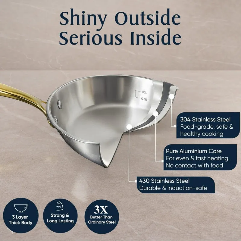 Cutaway view of a silver frying pan showing layered metal construction