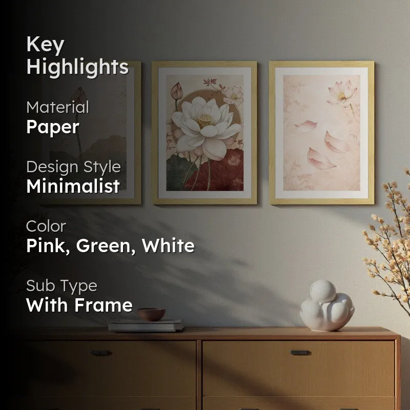 Blooming Lotus Paper Wall Painting With Frame - Set Of Three media 2