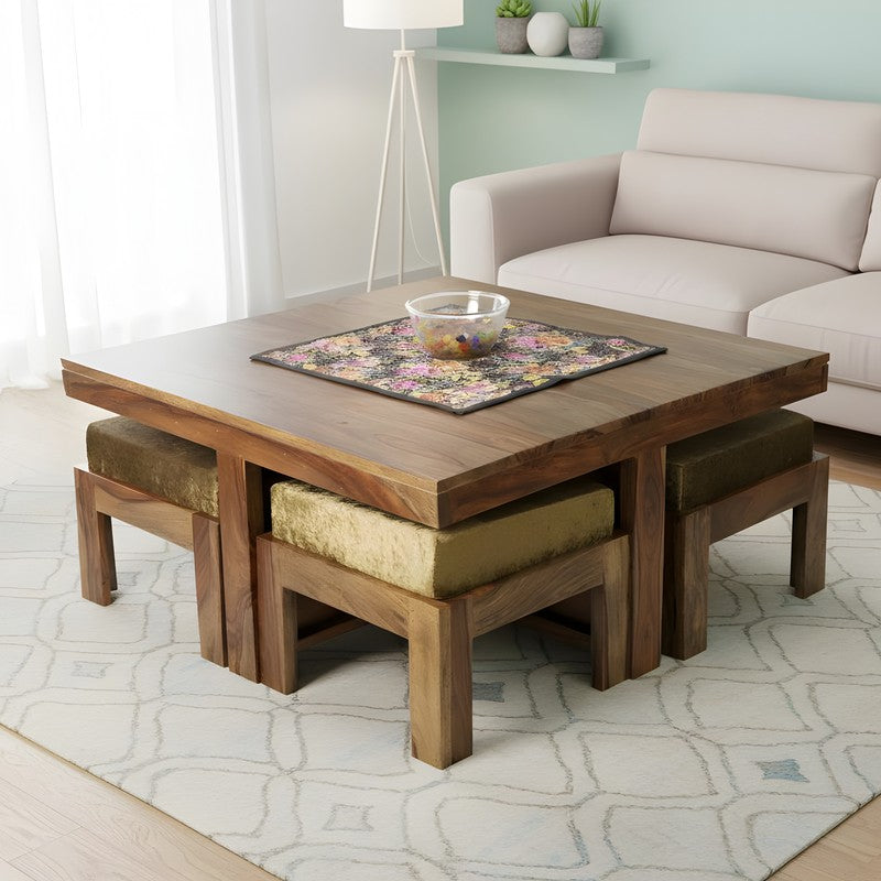Evrino Sheesham Wooden Center Table with Stools and Cushions (Brown,Gold) - Nine Piece Set