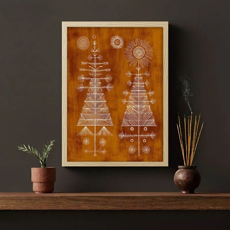 FolkHaven Warli Inspired Canvas Wall Painting With Brown Frame media 5
