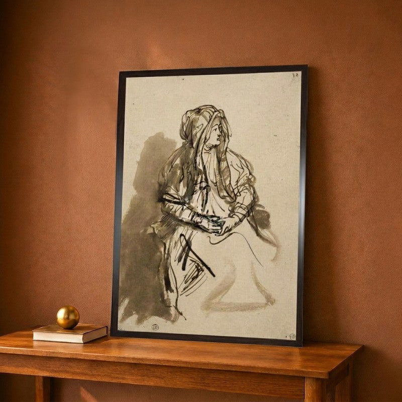 Femme Saskia assise les mains sur les genoux coiffee d'un long voile Canvas Wall Painting - 12 x 18 Inches