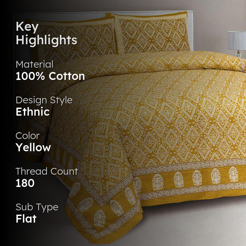 Avighna Ethnic Cotton Bedsheet (Yellow) - 180 TC media 2