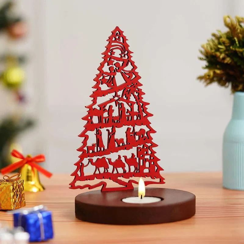 Manger & Tree Wood Christmas Tea Light Holder - Red media 4