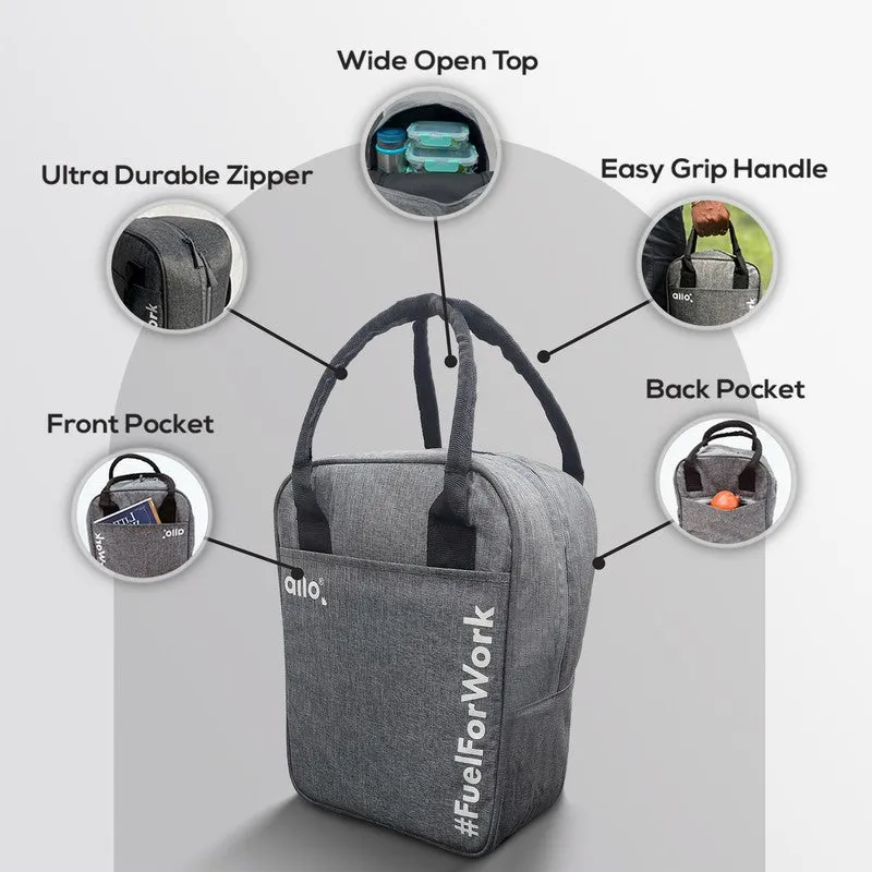 Open grey lunch bag showing its spacious interior, handles and pockets