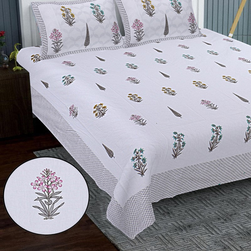 WhiteBloom Handblock Printed Cotton Bedsheet (Pink) - 400 TC media 3