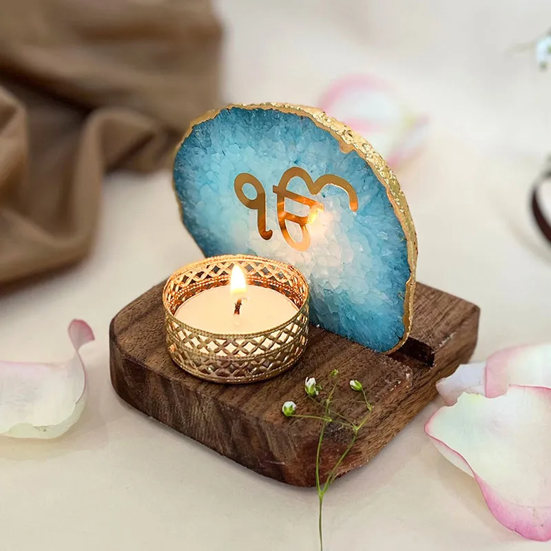 Ik Onkar Handcrafted Agate Religious Accent With Tealight Candle Holder - Turquoise media 4