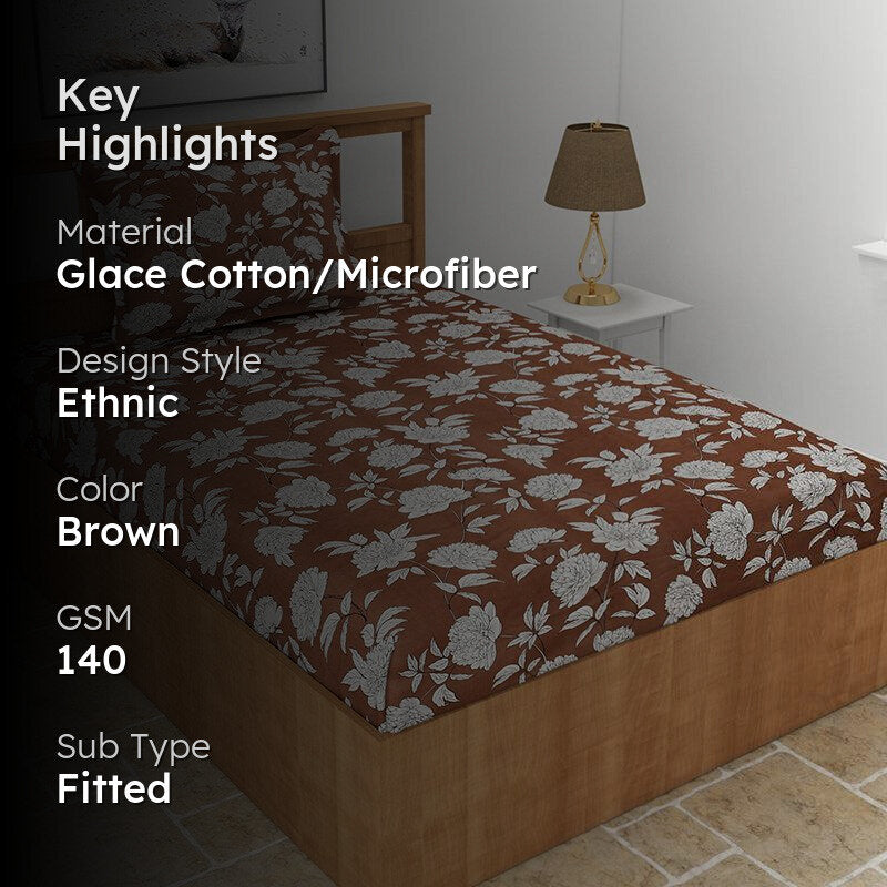 Petunia Floral Fitted Microfiber Bedsheet (Coffee Brown) - 140 GSM media 2