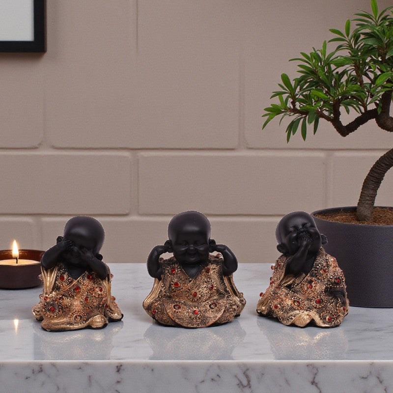 Virtue Laughing Buddha Showpiece (Black) - Set Of Three