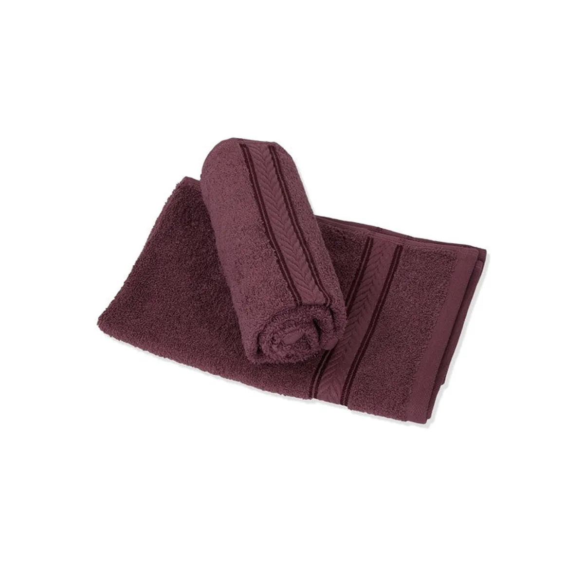 Rolled purple hand towel resting on a folded towel