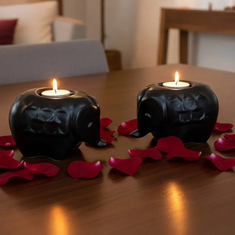 Ebony Elephant Ceramic Tea Light Candle Holders (Black) - Set Of Two media 1