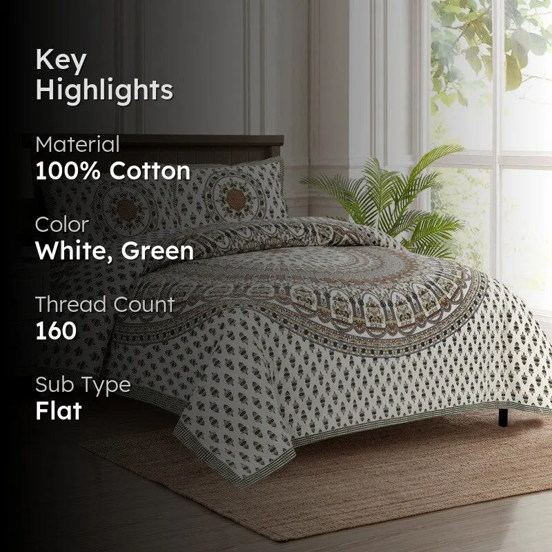 Navika Ethnic Cotton Flat Bedsheet (White & Olive) - 160 TC media 2