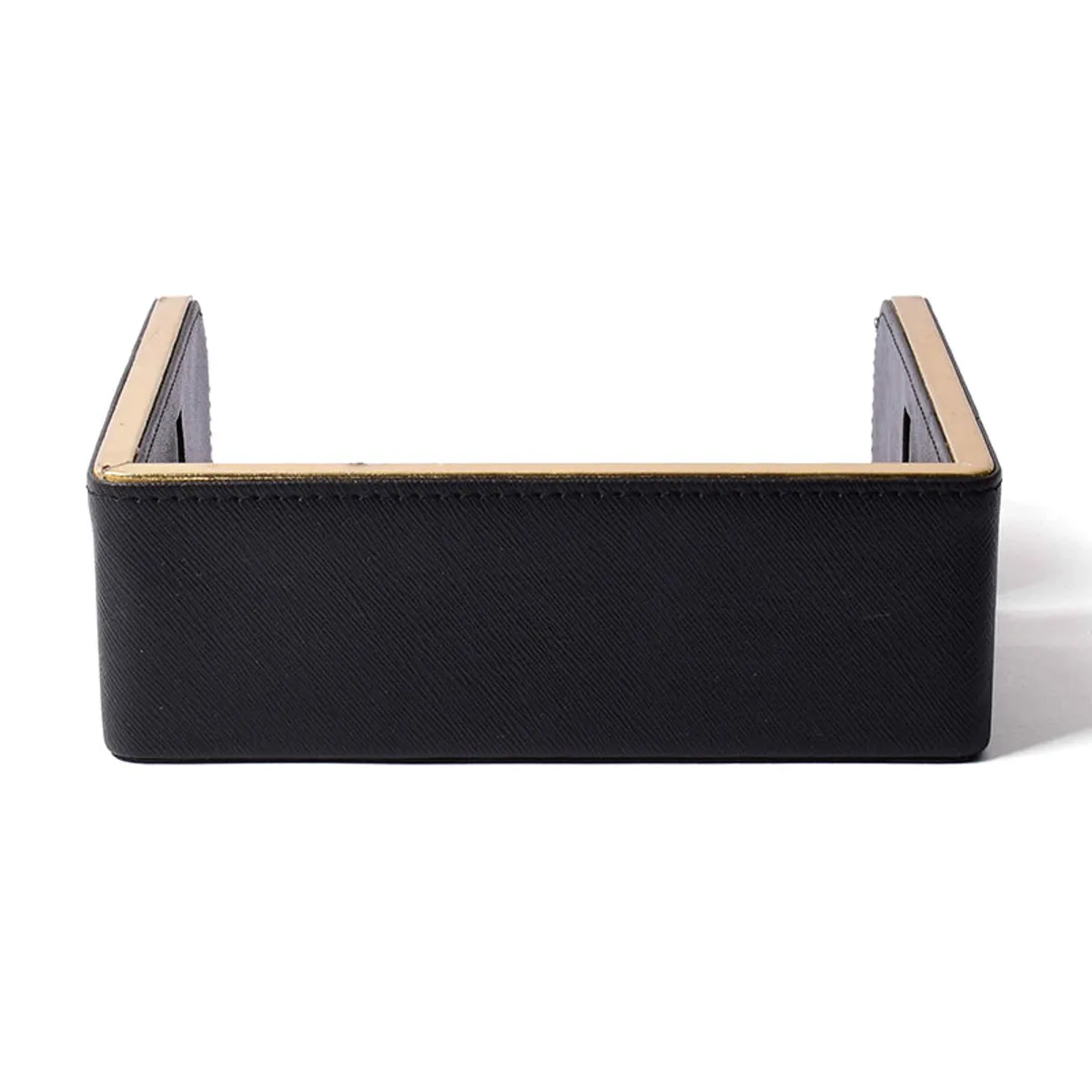 Front view of a black tissue holder with gold trim