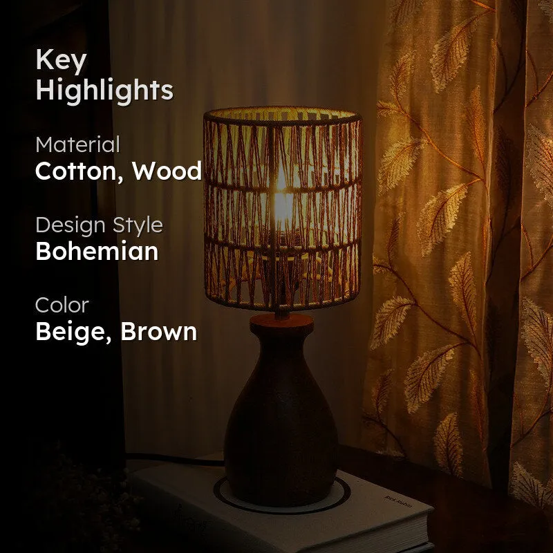 Canetra Amber Wooden Base Cotton Table Lamp - Beige,Brown media 2