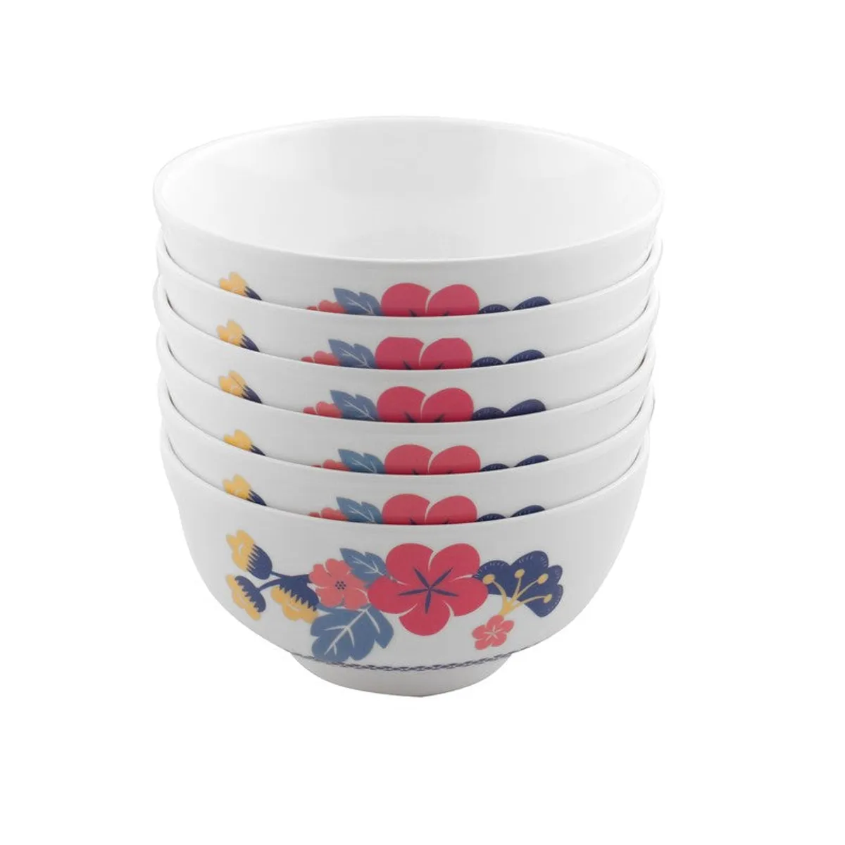 Stacked white snack bowls showing a colourful floral band