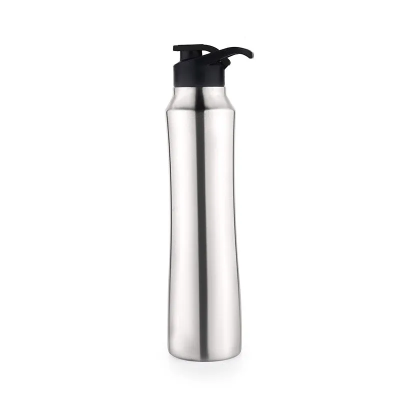 Front view of a silver steel bottle with black sipper cap