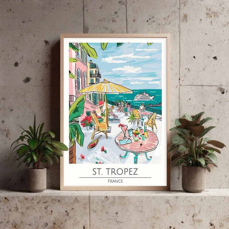 Vintage Saint - Tropez Framed Canvas Archival Canvas Wall Painting - Natural Brown Frame media 3