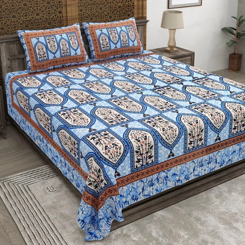 Rangza Cotton Bedsheet (Blue,Brown) - 240 TC media 1