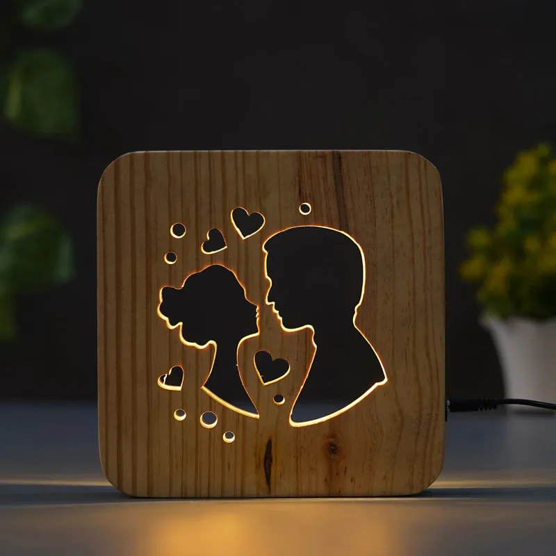 Love Couple LED Wooden Table Lamp - Brown media 1