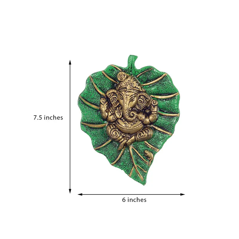Ganapati On Green Leaf Religious Metal Wall Accent - Set of Two media 5
