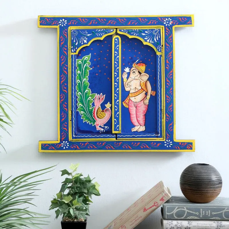 Ganesha Peacock Jharokha Wooden Wall Accents media 1