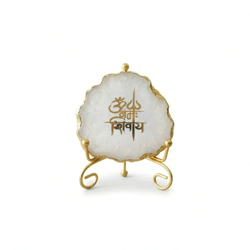 Om Namah Shivay Agate Showpiece With Stand - White media 3