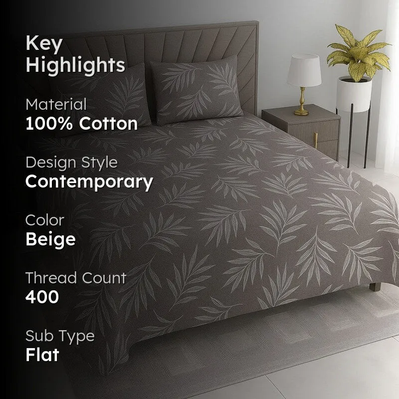 Leaf Mist Cotton Bedsheets (Beige) - 400 TC media 2