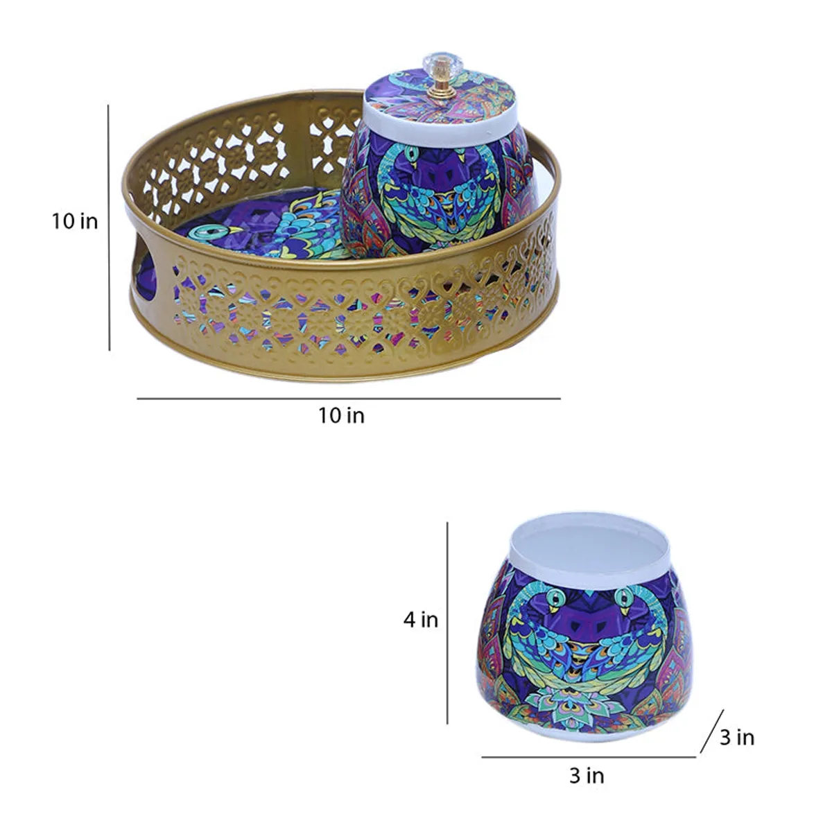 Two patterned jars and tray displayed together on a light background