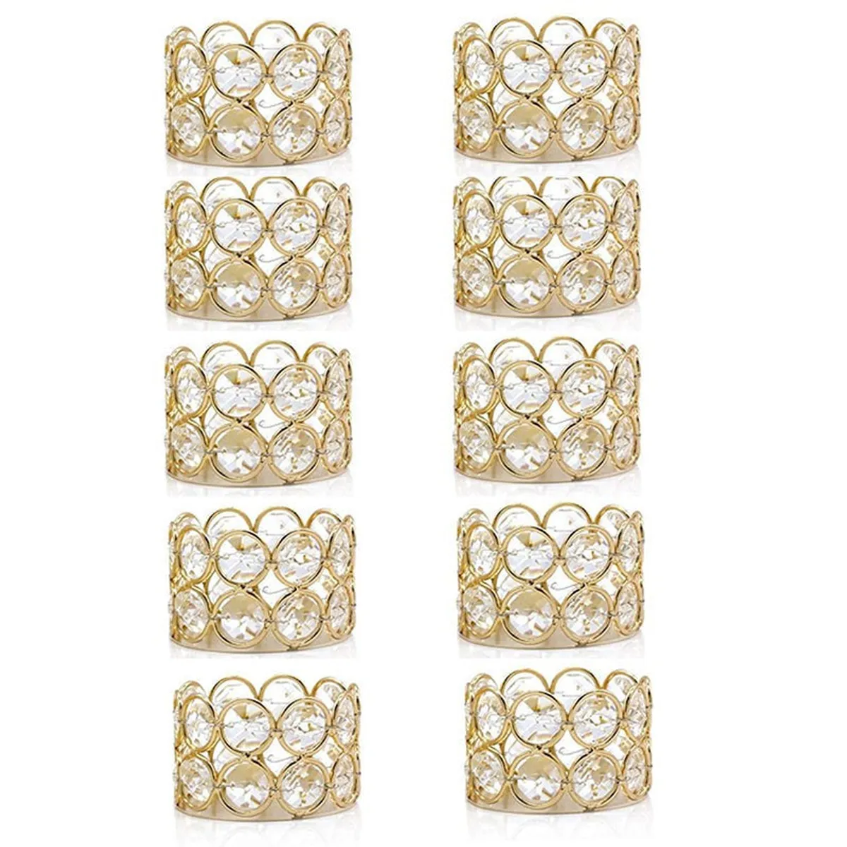 Ten gold tea light holders arranged in two columns on a white background