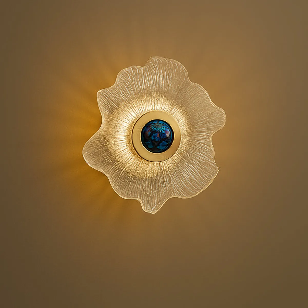 Flower-shaped glass wall lamp casting a warm glow across a neutral wall