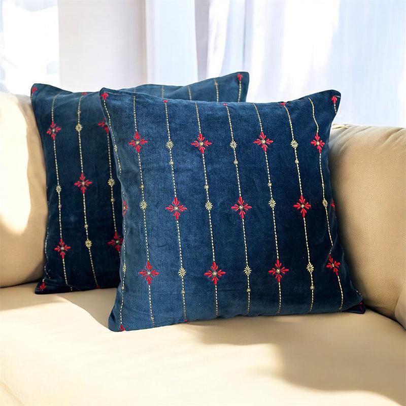 Vintage Vignettes Embroidered Cotton Cushion Cover - Set Of Two