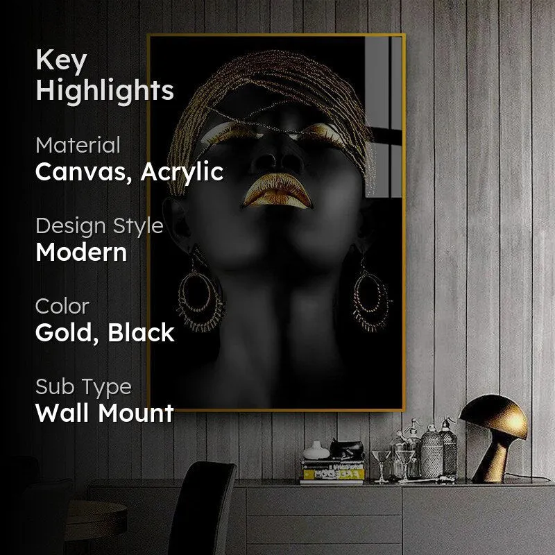 Black and gold portrait wall art with key highlights text overlay
