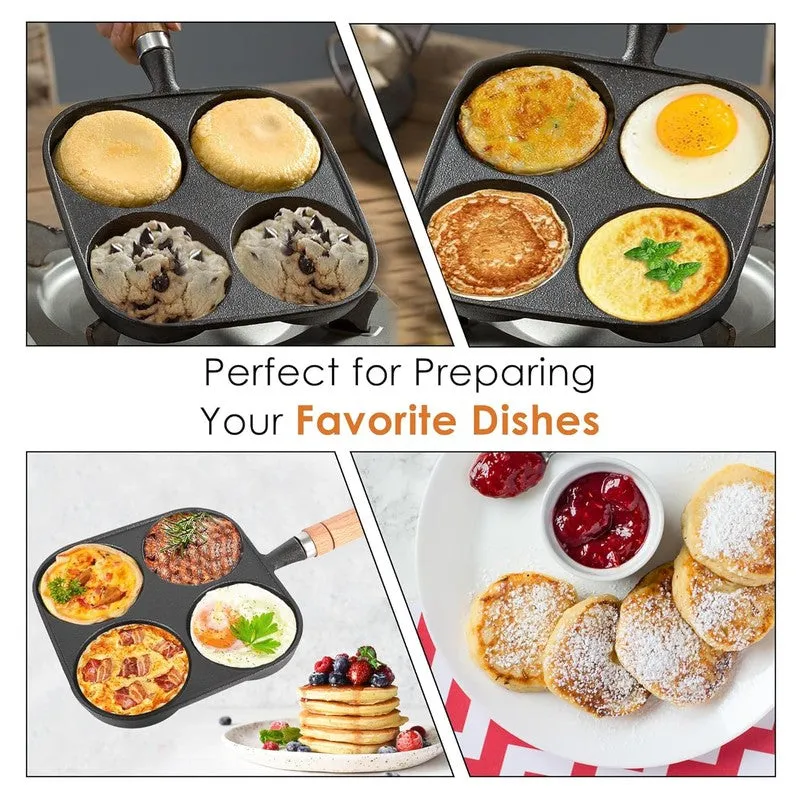 Collage showing the four-pit cast iron pan used for different round dishes
