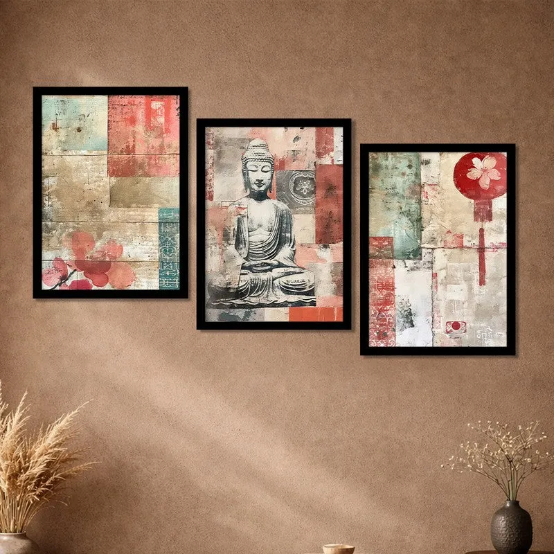 Gautam Buddha Floral Paper Wall Painting With Frame - Set Of Three media 6