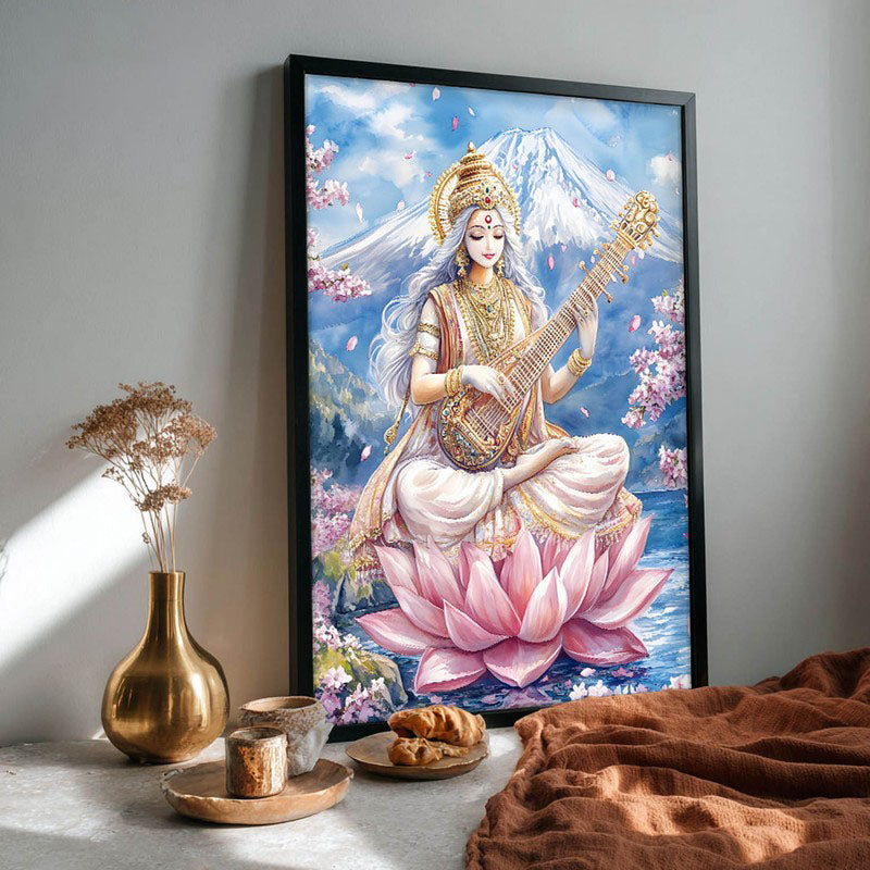 Vidya Dhayini Spiritual Archival Paper Wall Painting With Frame - Black media 4