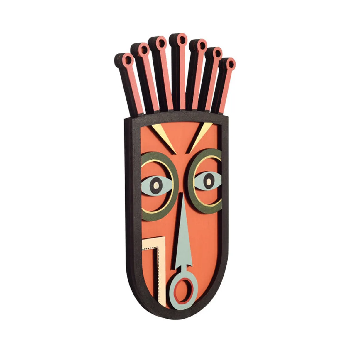 Angled view showing the layered profile of a colourful wooden wall mask.