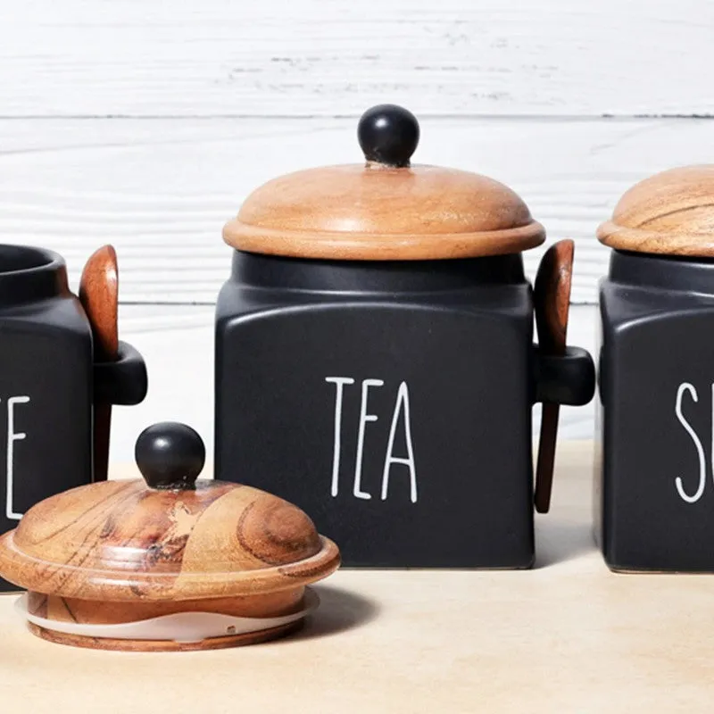 Midnight Muse Ceramic Storage Jar with Mango Wood Lid (1000 mL Each) - Set Of Three media 4