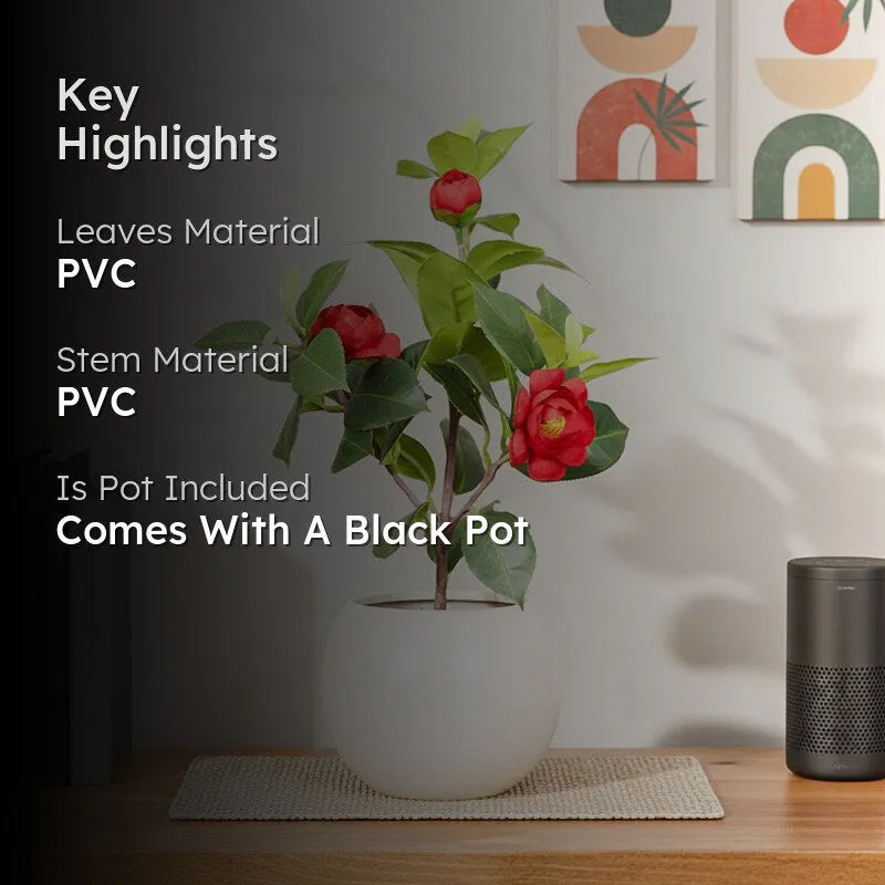Artificial Red Rose Flower Plant With Black Fiber Pot - 1.2 Feet media 2