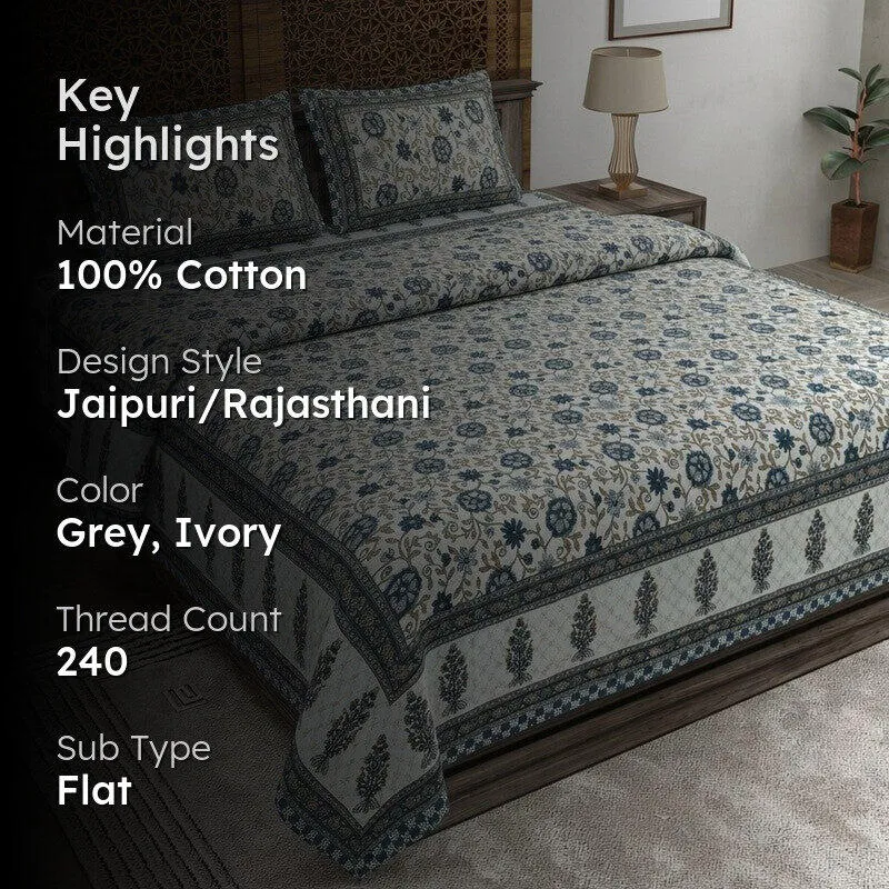 Petalet Cotton Bedsheet (Grey,Ivory) - 240 TC media 2