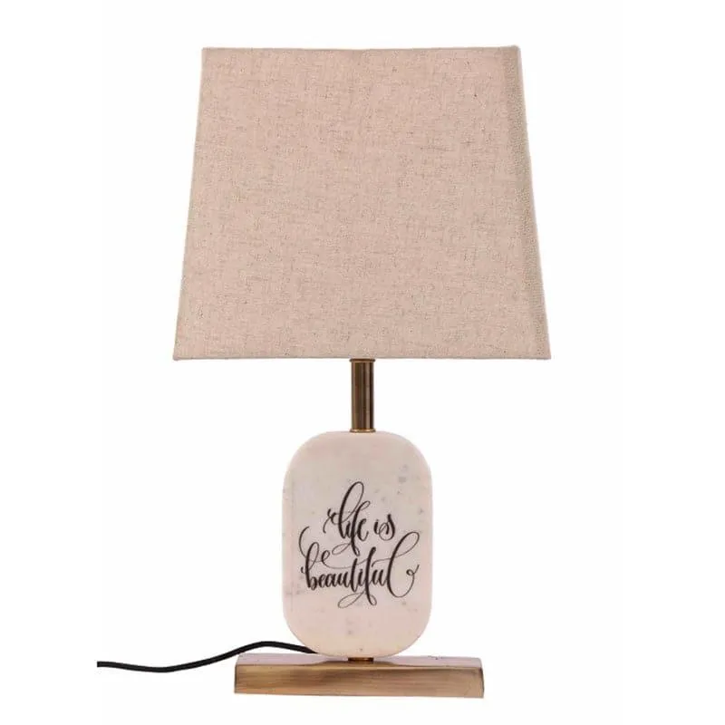 Life Light Printed Marble & Brass Base Fabric Table Lamp - Beige,White media 4