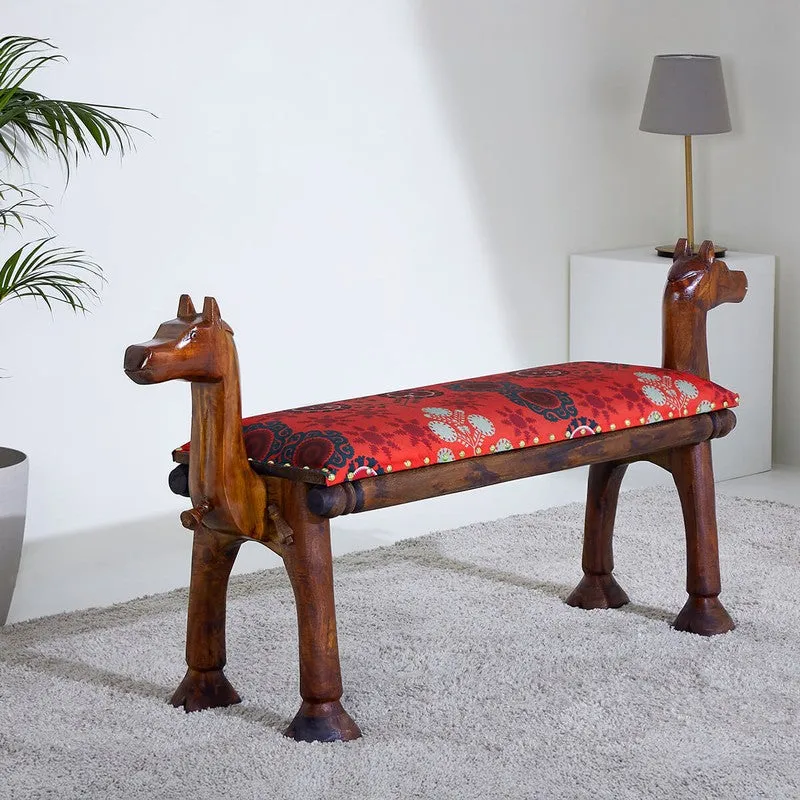 India Circus Acacia Wood Raceme Rosettes Wooden Camel Bench media 1