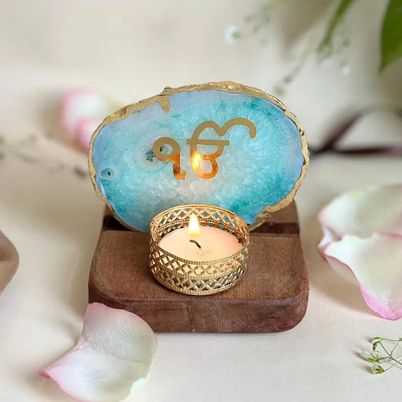 Ik Onkar Handcrafted Agate Religious Accent With Tealight Candle Holder - Green media 4