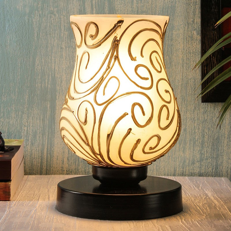 Celene Mosaic Glass Table Lamp With Wooden Base - White & Gold