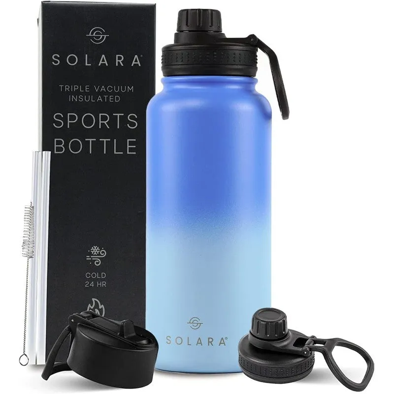 Blue Solara bottle shown with its box, lids and cleaning brush