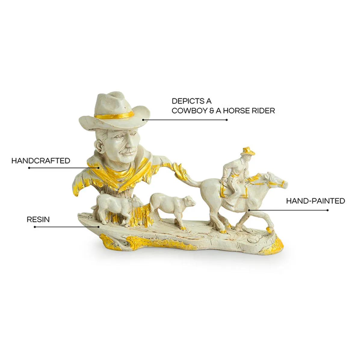 Cowboy figurine showpiece with horse and cattle in white and gold