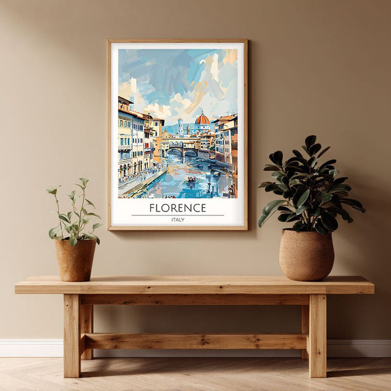 Vintage Florence Framed Canvas Archival Canvas Wall Painting - Natural Brown Frame