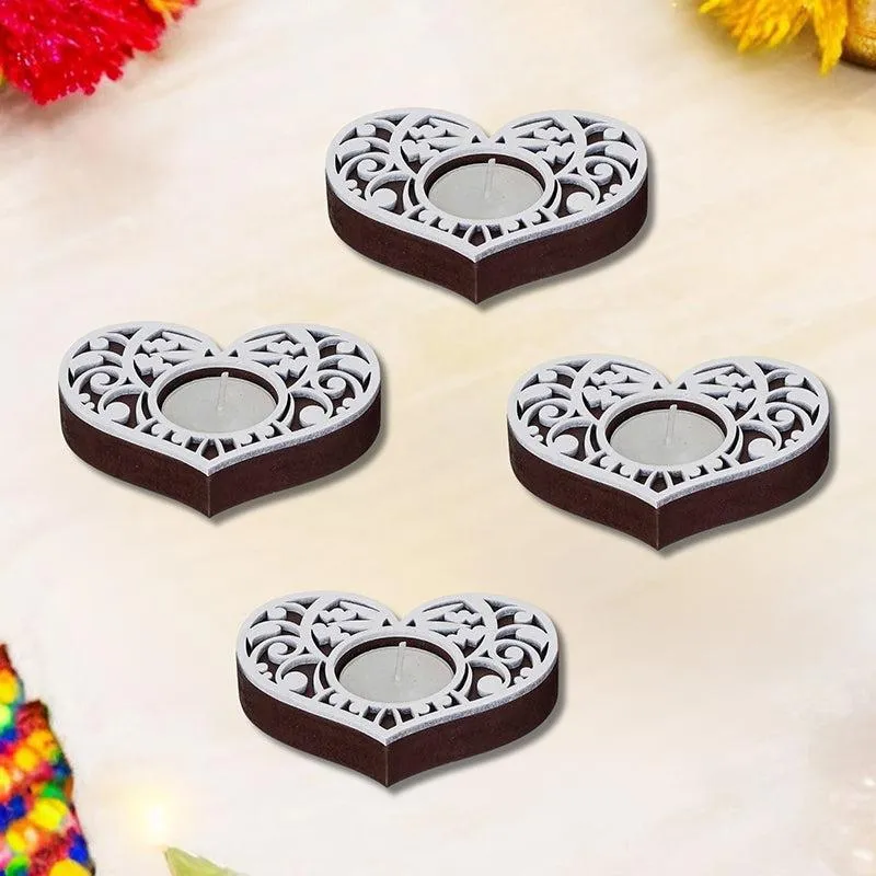 Intricate Heart Wood Tea Light Holder (Black) - Set Of Four media 1