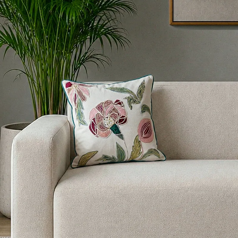 Jacobean Rose Embroidered Cushion Cover media 1