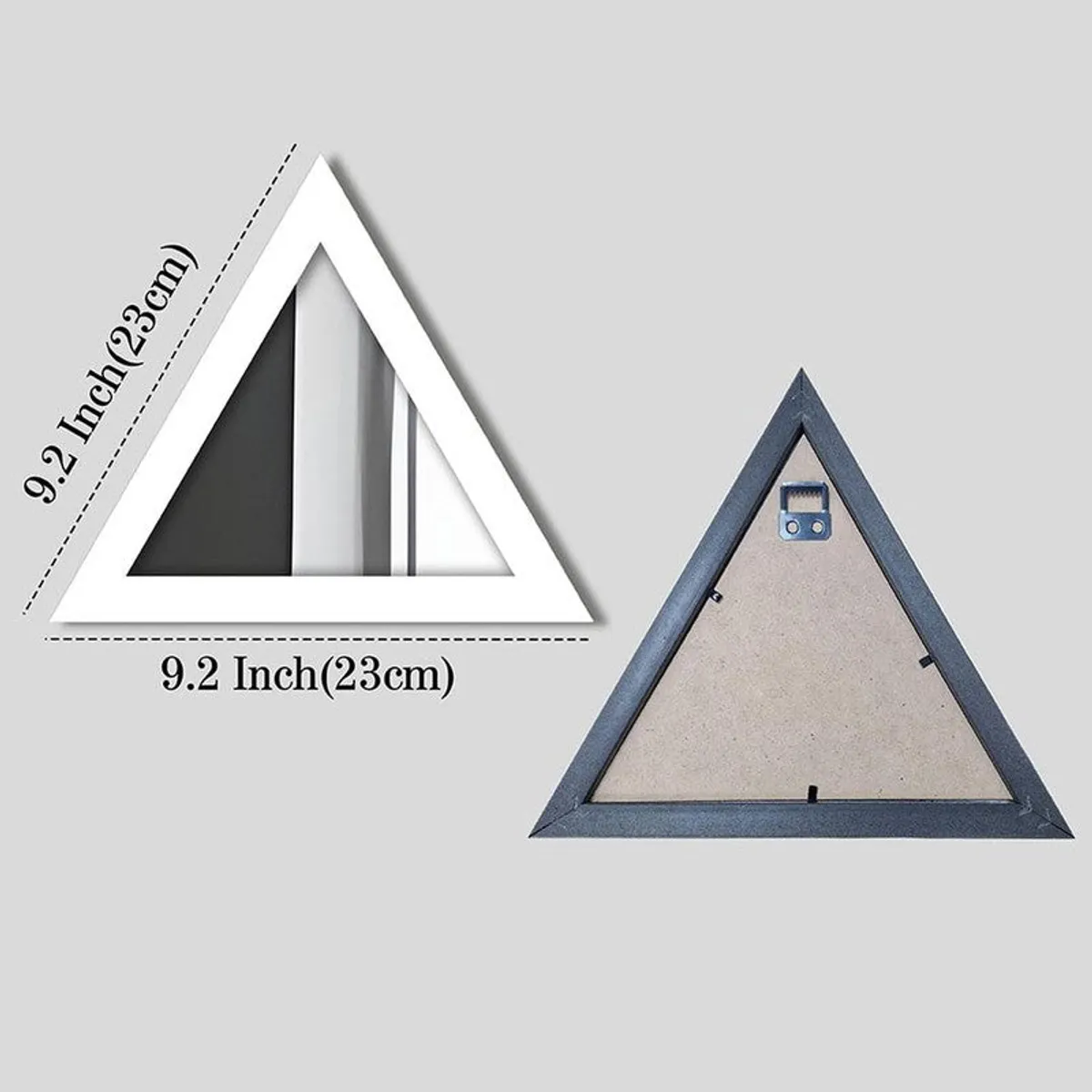 Front and back view of a white triangular wall mirror