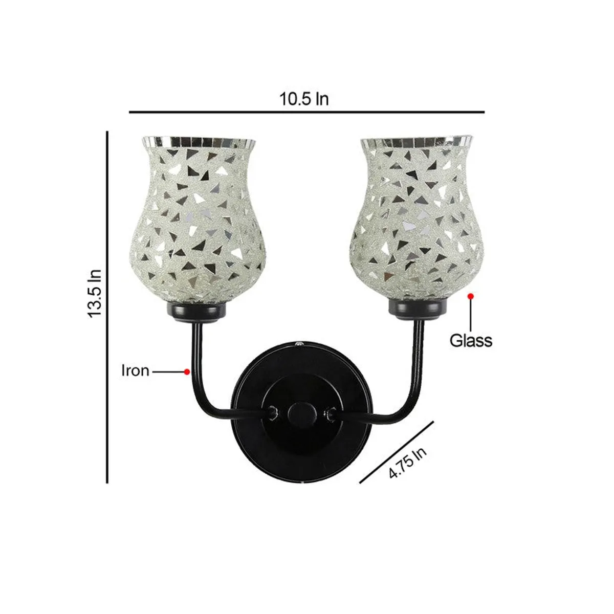 Twin mosaic wall lamp with silver glass shades and black iron frame